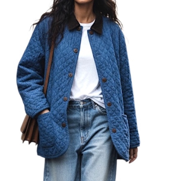 VTG quilted blue denim boxy oversize cord collar jean barn jacket chore jacket M - Picture 1 of 14